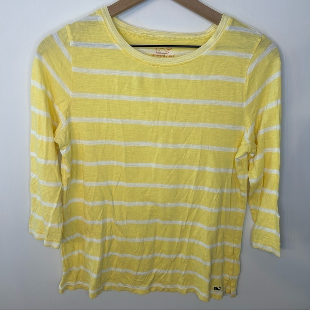 Vineyard Vines Yellow and White Stripe 3/4 Length Sleeve T-Shirt, Size Small